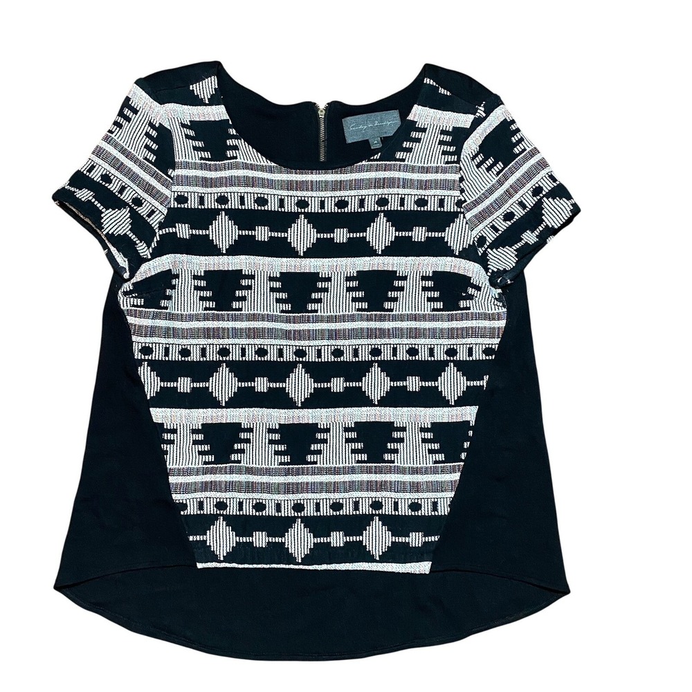 Sunday In Brooklyn Anthropologie Blouse Black Patterned‎ Top Zipper Aztec Medium